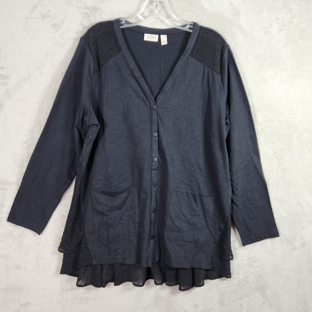 LOGO Lori Goldstein Women Large Petite Black Knit Cardigan Clip Dot Trim A694674
